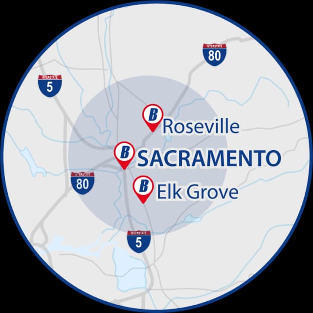 Sacramento service area map showing Roseville, Sacramento, and Elk Grove